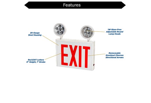 Topaz LED White Steel Exit Emergency Combo NYC Approved Red Legend Adjustable 2-Head with 90-min Battery Backup