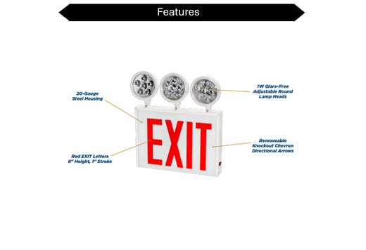 Topaz LED White Steel Exit Emergency Combo NYC Approved Red Legend Adjustable 3-Head with 90-min Battery Backup