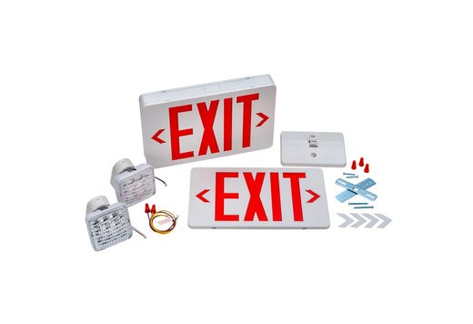 Topaz White LED Exit-EM Combo Red Legend with Remot Capacity and 90-min Battery Backup 2 Adjustable Head Single or Double Sided