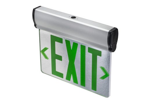 Topaz LED Edgelit Exit Mirror Green Legend Double Face Aluminum Housing 90-min B-BKUP Surface Mt Canopy for Ceiling or Wall