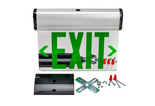 Topaz LED Edgelit Exit Mirror Green Legend Double Face Aluminum Housing 90-min B-BKUP Surface Mt Canopy for Ceiling or Wall