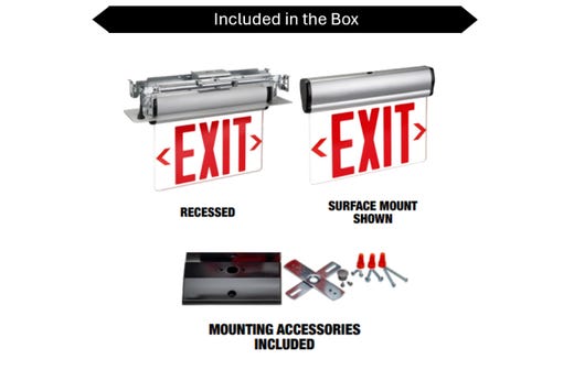 Topaz LED Mirrored Edgelit Exit Red Legend Aluminum Housing Double Face with a Recessed Mount or Ceiling Surface Mount in Box 90-min B-BKUP NYC Approved
