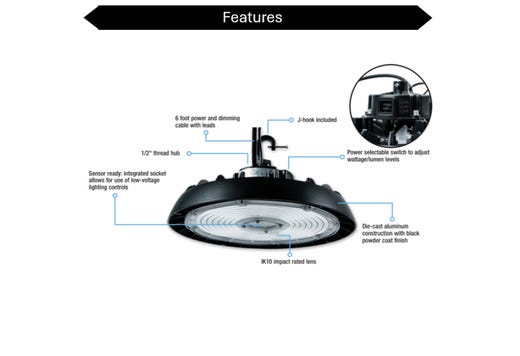 Topaz Round Black Highbay Power Select 125-150-200W 5K to 30,000lm 120-277V 110Deg Beam Angle