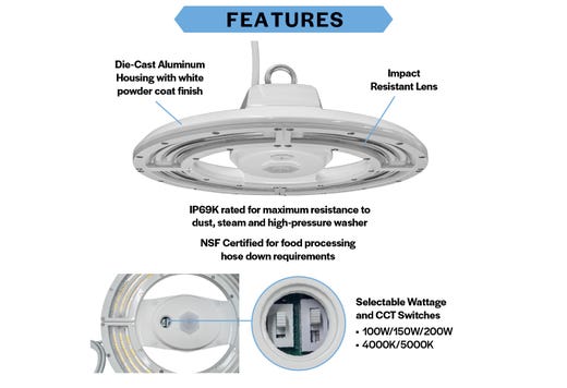 LED Round Wash Down High Bay Lumen Select (15650-23750-31400lm, 100/150/200W) CCT Select (4K-5K) Control Ready Univ 120-277V NSF IP69 White Housing Gen-2