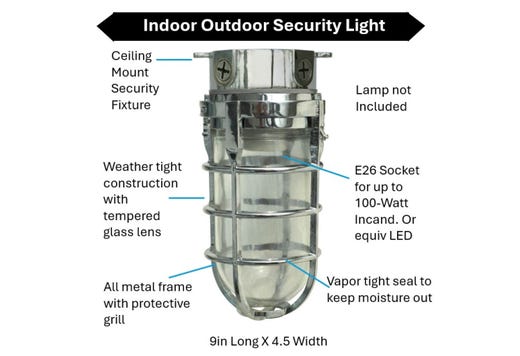 Topaz Outdoor Ceiling Mount Incandescent or LED Ready Vaportight Industrial Jelly Jar with E26 Socket for up to a 100W Incand or Equiv LED Bulb (not included) Die Cast Aluminum Chrome Finish