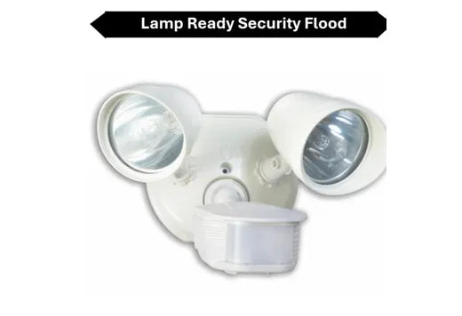 Topaz Lamp Ready 2-Head Security Flood White with 180 Degree Motion Sensor comes with two 100W Halogen Bulbs Die Cast