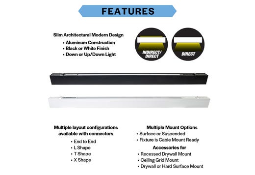Topaz Linear 4FT Architectural Strip White Power & 3-CCT Select to 50W 6100lm Direct and Indirect Light (up/down) 120-277V Dimm 0-10V