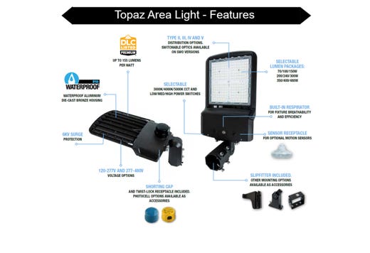 Topaz Area Light Power & Color Selectable Type 5 Slipfitter Bronze 70-100-150W 10500-15000-22000L 3K-4K-5K 0-10V Dim 120-277V 100KHr