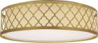 NUVO 62/987 15 in.; Filigree LED Decor Flush Mount Fixture; Natural Brass Finish; White Fabric Shade